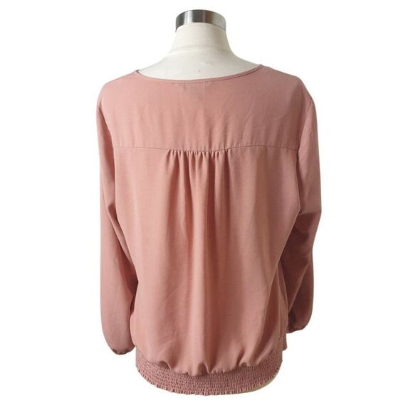 Apt. 9 Womens Y2K Smocked Hem Blouse L Pink Blush V-Neck Button-Front Pleated - Picture 3 of 6